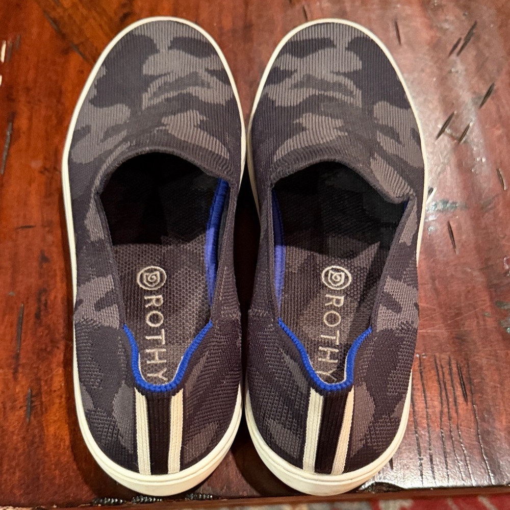 Rothy's The Original Slip On Sneakers in the Grey Camo pattern. Size 9
